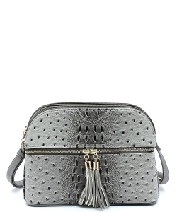 Ostrich Embossed Multi-Compartment Cross Body with Zip Tassel OS050 CHARCOAL GRAY